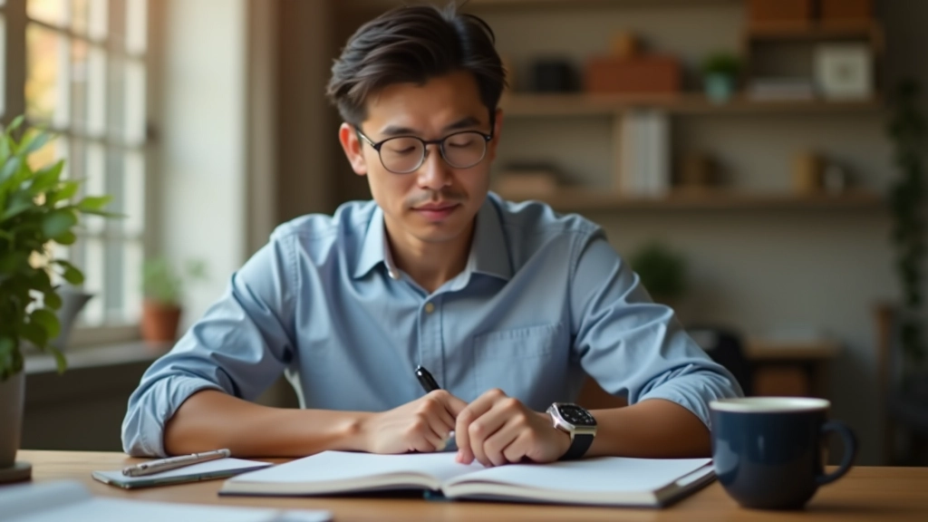 Person sitting at desk with notebook and coffee, reviewing notes and reflecting on weekly accomplishments
