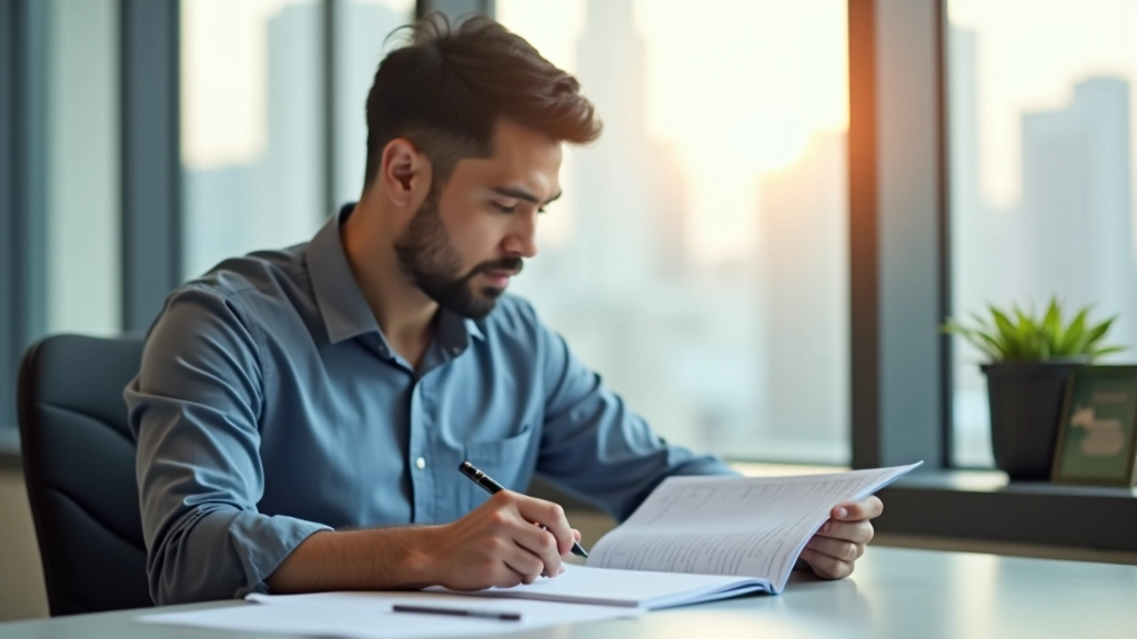 Man at office desk reviewing weekly accomplishments and notes