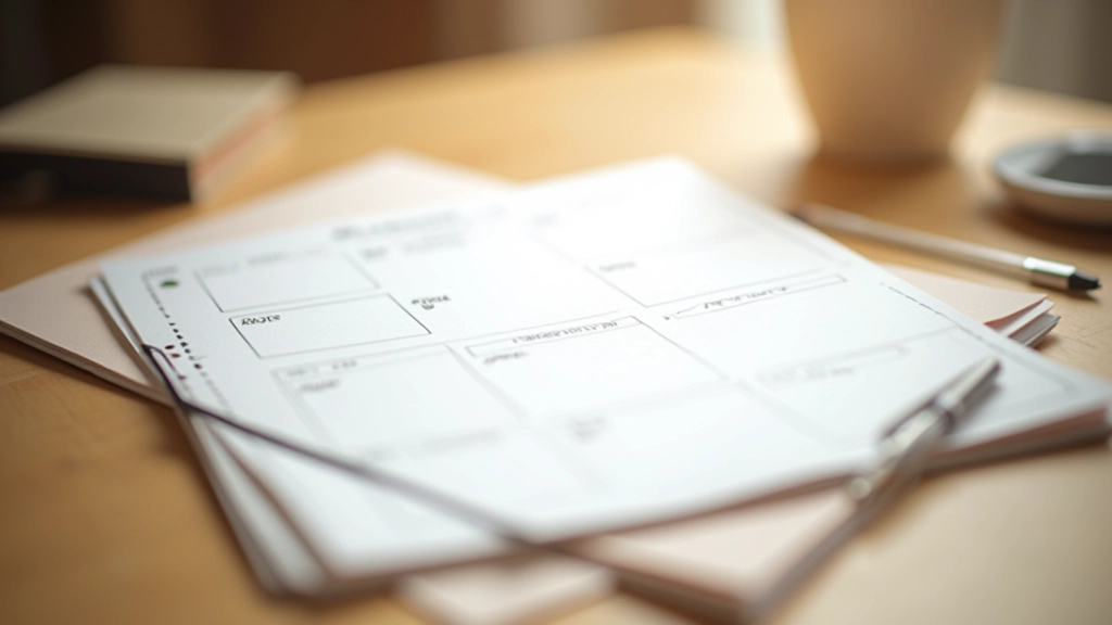 Weekly review template with sections for accomplishments, challenges, and upcoming week planning on notebook page
