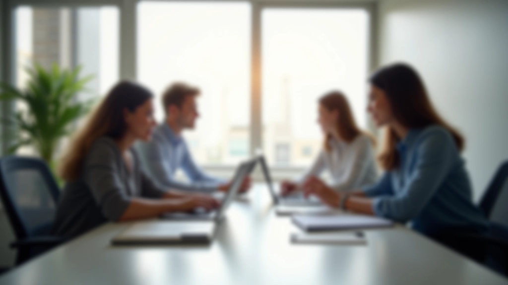 Team meeting in modern office, colleagues discussing project at conference table