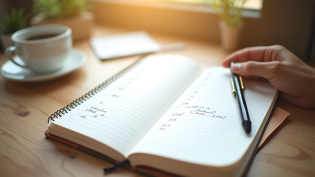 Planner notebook with pen and coffee on wooden desk, morning light