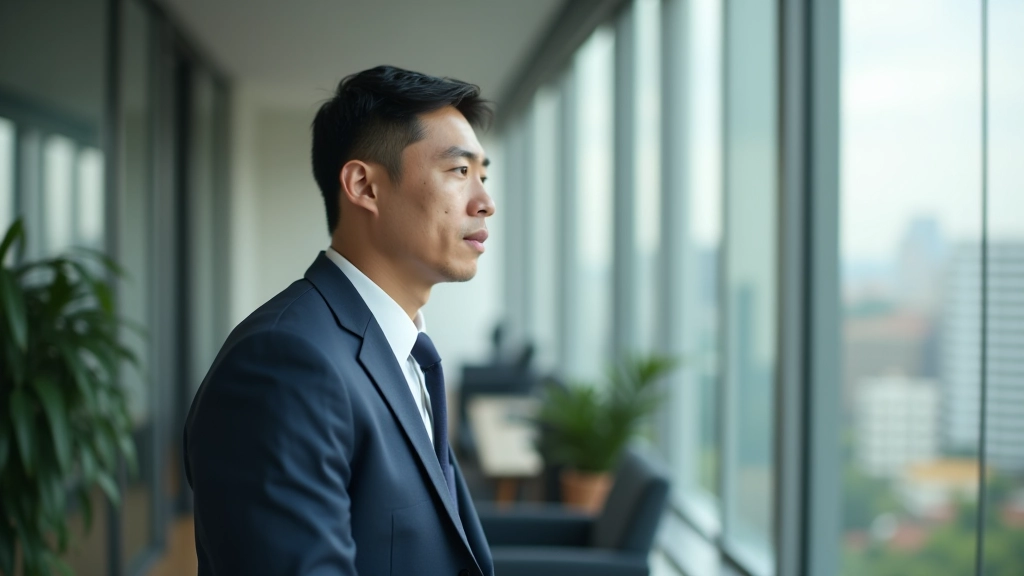Person taking a break at office window looking outside, peaceful moment during workday