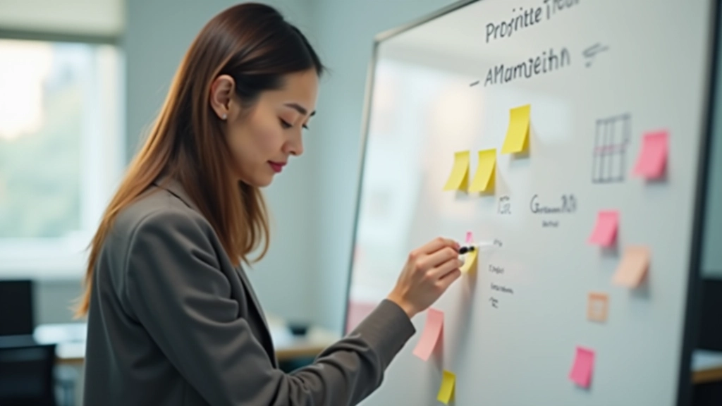 Person at desk prioritizing tasks on whiteboard with sticky notes