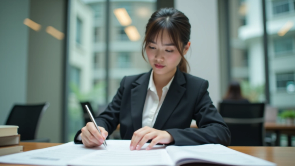 Professional woman reviewing planning materials at desk